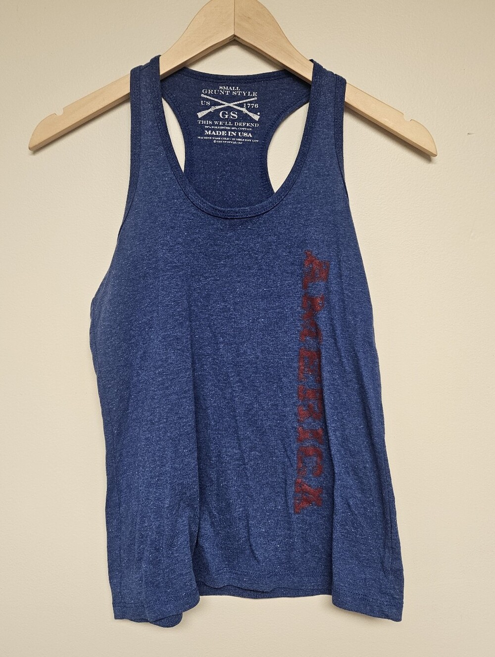 Grunt Style Women's Blue Tank Top with Red Vertical 'America' Print